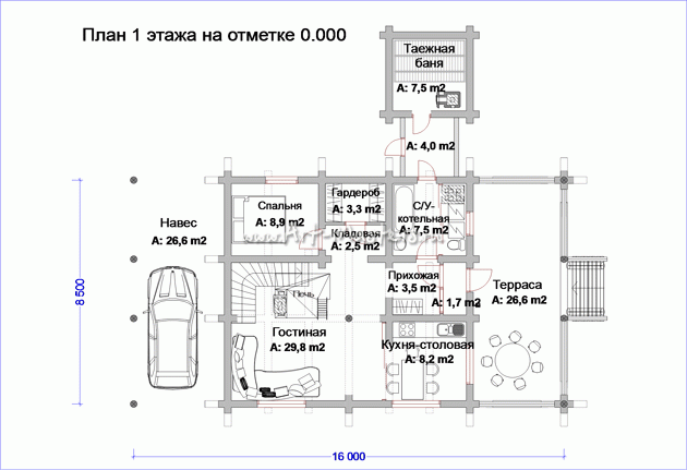 план 1 этажа деревянного дома Таежный-21
