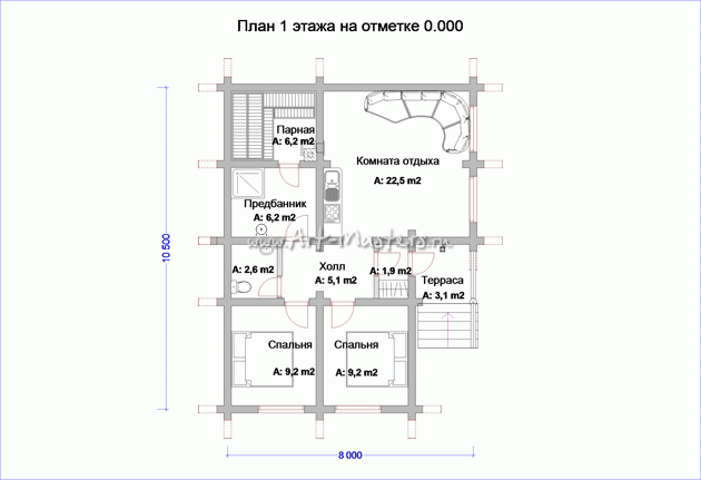 план 1 этажа деревянной бани Медуница-12v2