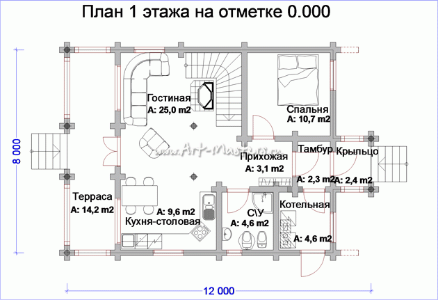 план 1 этаж деревянного дома Боровик-120