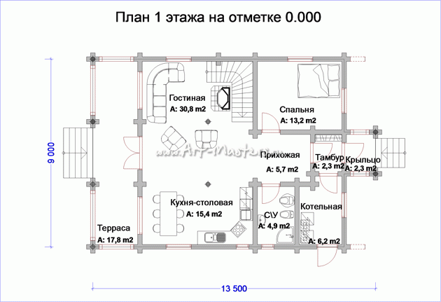 план 1 этажа деревянного дома Боровик-160