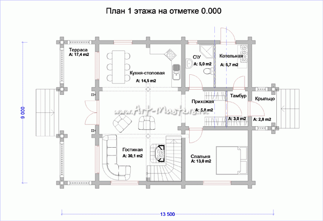 план 1 этажа деревянного дома Боровик-175YV2