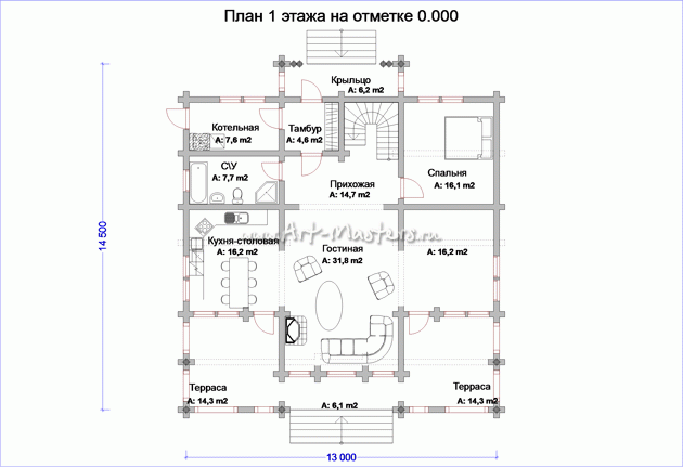 план 1 этажа деревянного дома Боровик-250