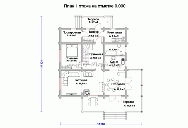 план 1 этажа деревянного дома Дубрава-24V2