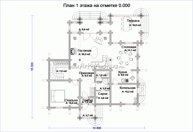 план 1 этажа деревянного дома Гиацинт-22