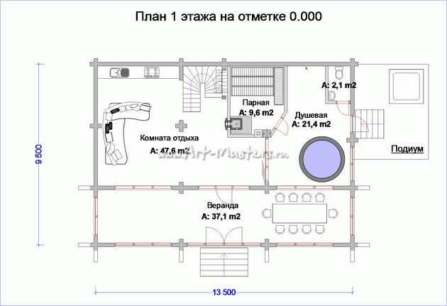 план 1 этажа деревянной бани СПА Кленовая-21