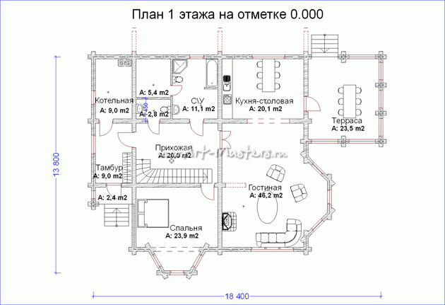 план 1 этажа деревянного дома Северный