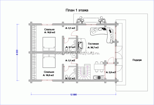 план 1 этажа деревянного дома Таёжный-22