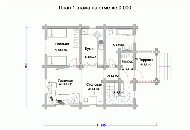 план 1 этаж деревянного дома Умка-25