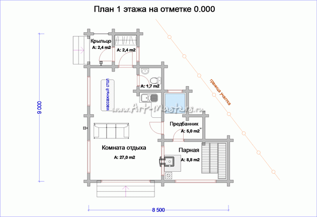 план 1 этажа деревянной бани Вега 14