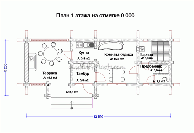 план 1 этажа деревянной бани Вьюнок-11